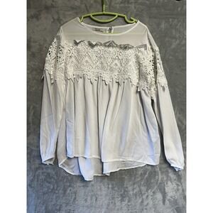 SoTeer White Crochet Lace Long Sleeve Blouse Boho Keyhole Back Top L